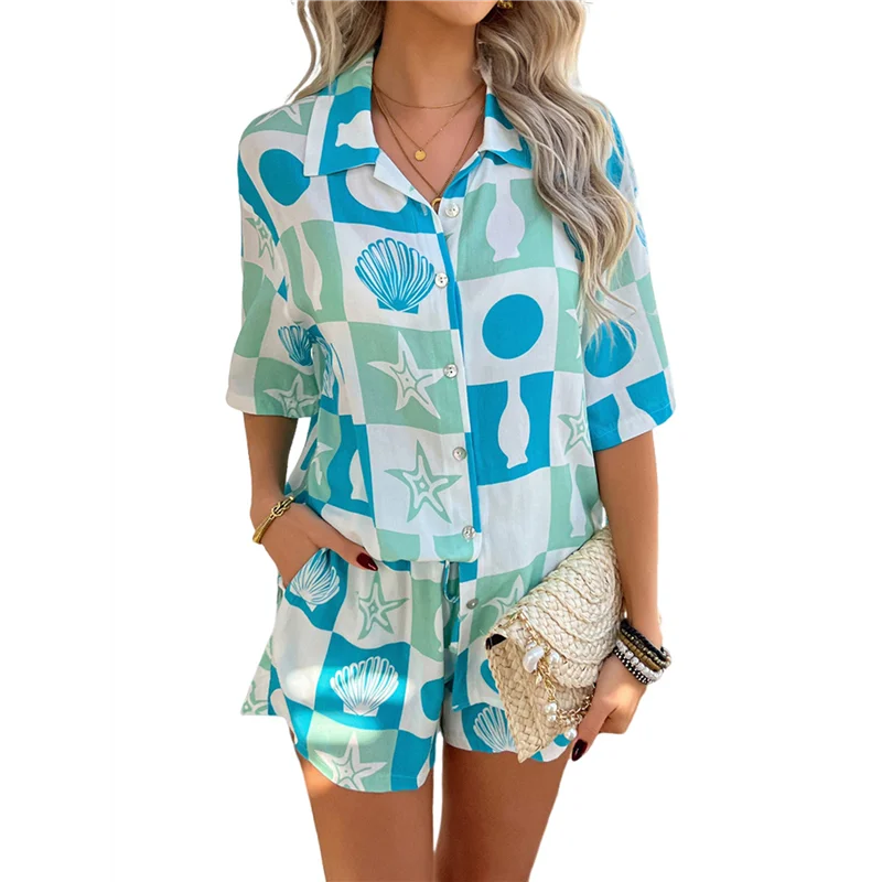 

NEW-Women's Soft Summer Floral Tropical Print V Neck Tee Short Sleeve Button Top Shorts 2 Piece Sets