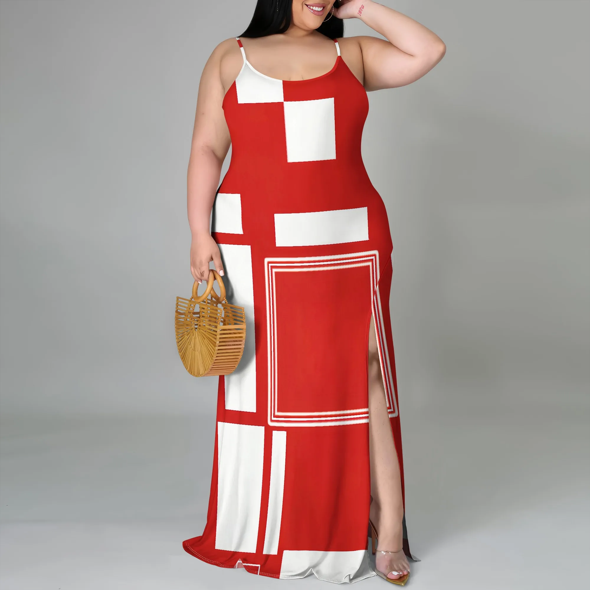 

Plus Size XL-6XL Red & White Geometric Print Spaghetti Strap Maxi Dress for Summer BBQs & Independence Day Celebrations