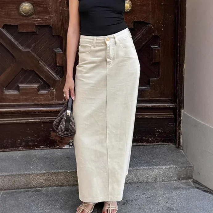 Beige Straight Denim Skirt High Waist Utility Style Side Slit A-Line Mid Length French Vintage Skirt for Women Fall 2025