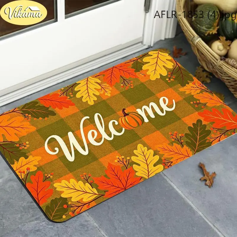 VIKAMA Fall Welcome Mat Orange Green Buffalo Plaid Maple Leaves Pumpkin Front Door Mat Non Slip Soft Rug Holiday Decor