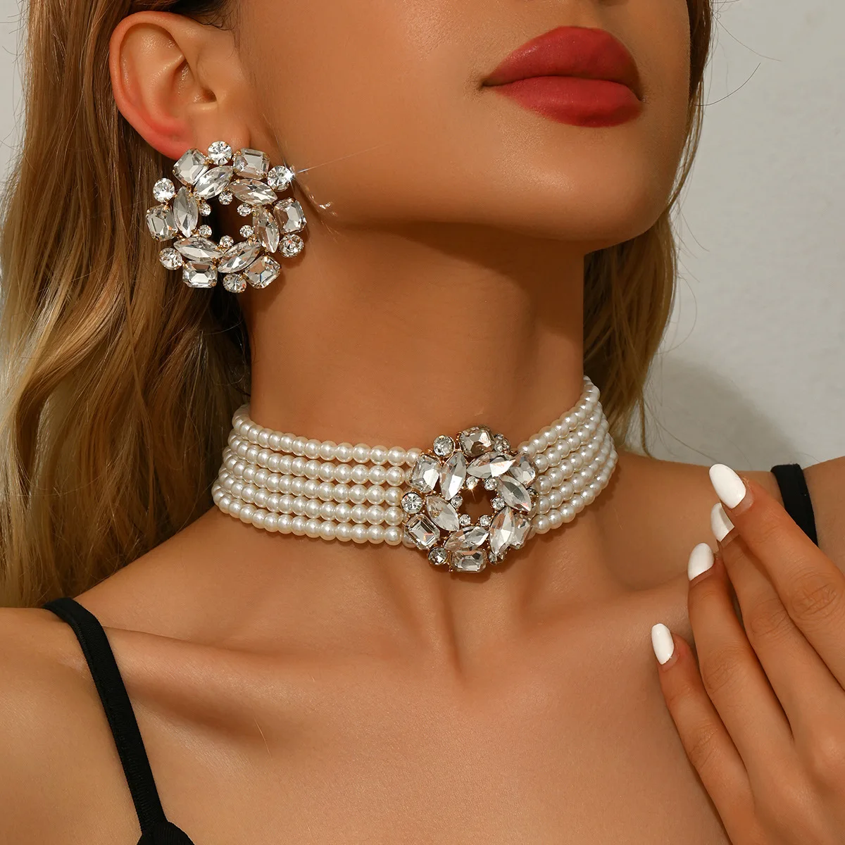 New Faux Pearl Rhinestone Necklace Earrings Set for Women Bridal Wedding Formal Multi Row Ornate Statement Bridesmaid Party Gift