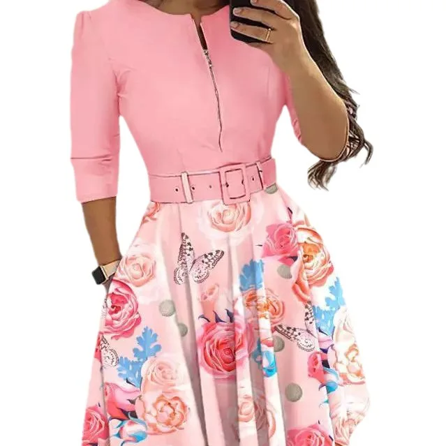Vestido ajustado para mujer, ropa de calle, otoño e invierno, elegante, con cremallera, medio con pretina, vestidos estampados de manga larga Y2k