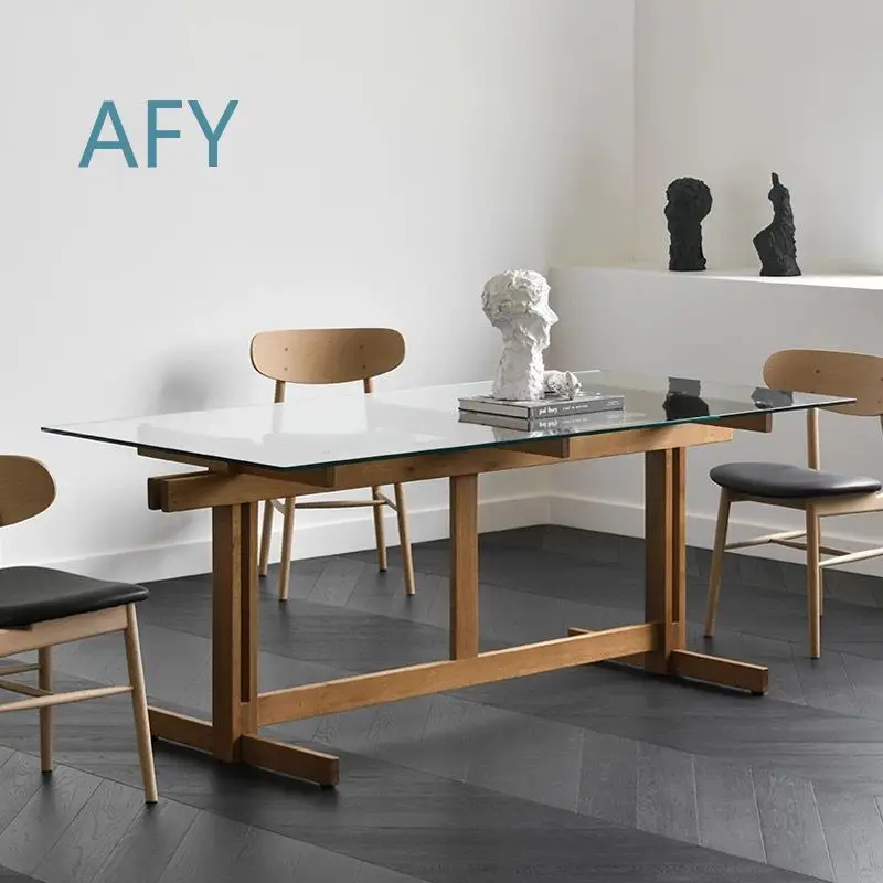 Thickened Explosion-Proof Tempered Glass Solid Wood Dining Table Desk Light for Home Dining Room Rectangle for Modern Living