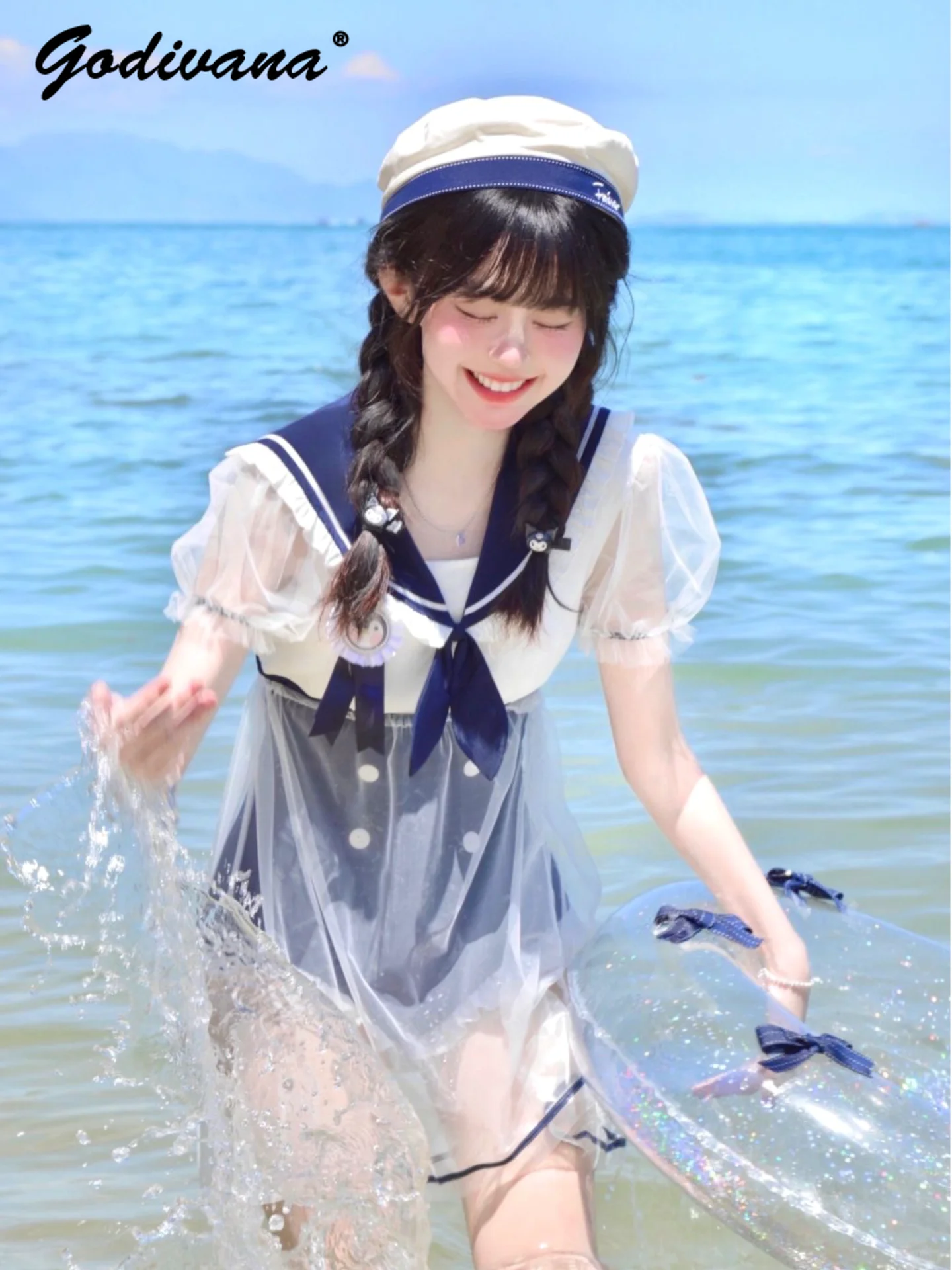 Original Sailor Collar Cute Bow Color Block Triangle Swimsuit Girl Women's Lolita One-piece Swim Suit Summer Sweet Swimwear
