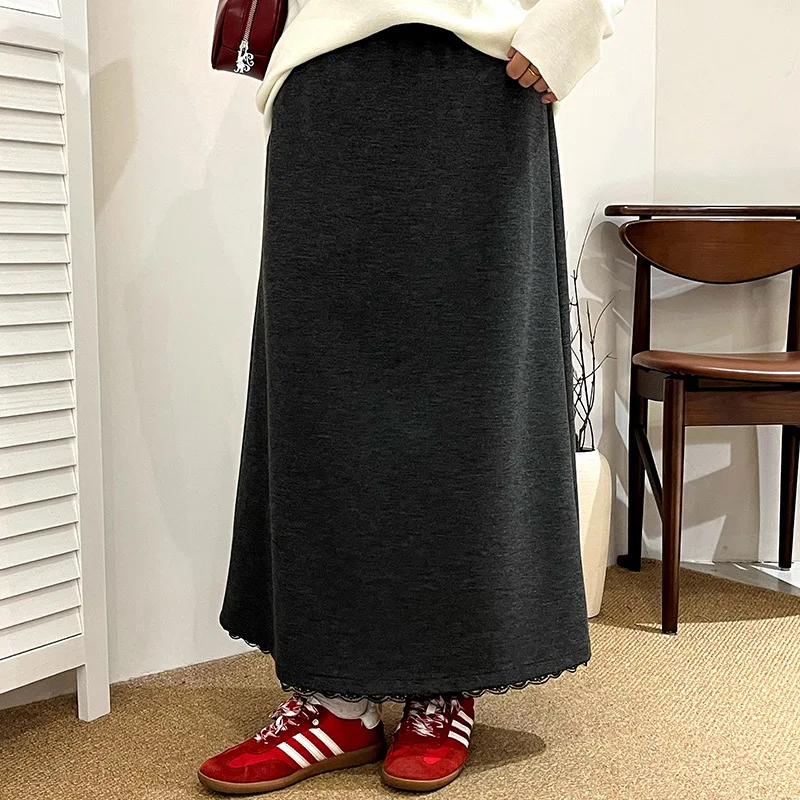 Falda de cintura alta con corte en A para mujer, talla ande, con ribete floral, media longitud, estilo dulce, tipo murciéla...