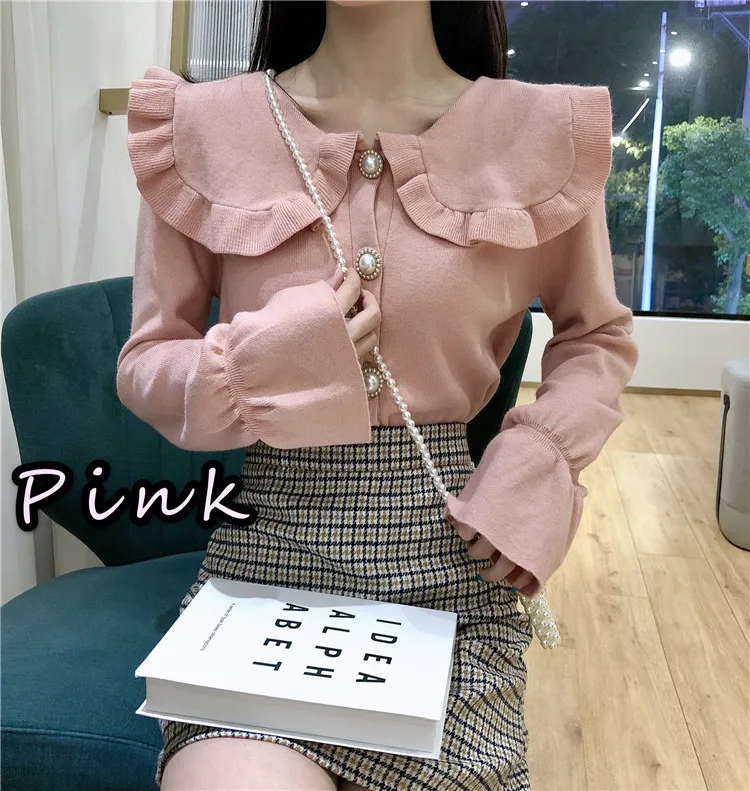 Girls Spring Peter Pan Collar Sweaters Cardigans Lady Single-breasted Full Flare Sleeve Sweet Knitted Outwear Tops for Female