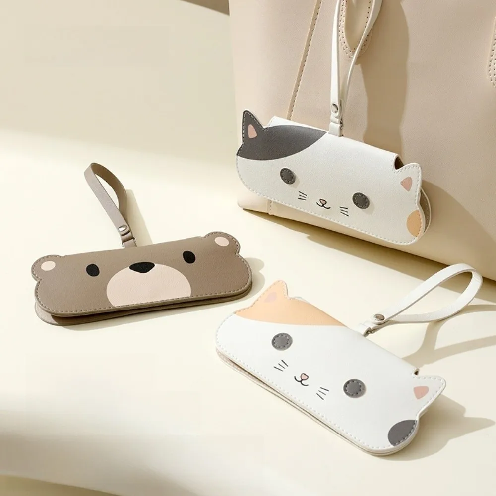 Portable Cartoon Cat Hanging Glasses Bag Shockproof Scratch-resistant Sunglasses Pouch PU Leather Eyewear Protective Case