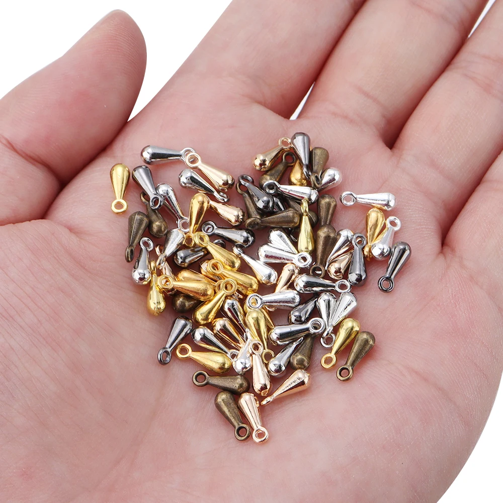 SAUVOO 100/200pcs 2*7 3*9mm Alloy Water Drop End Beads Gold Silver For Extender Tail Chain Pendant DIY Jewelry Making Findings