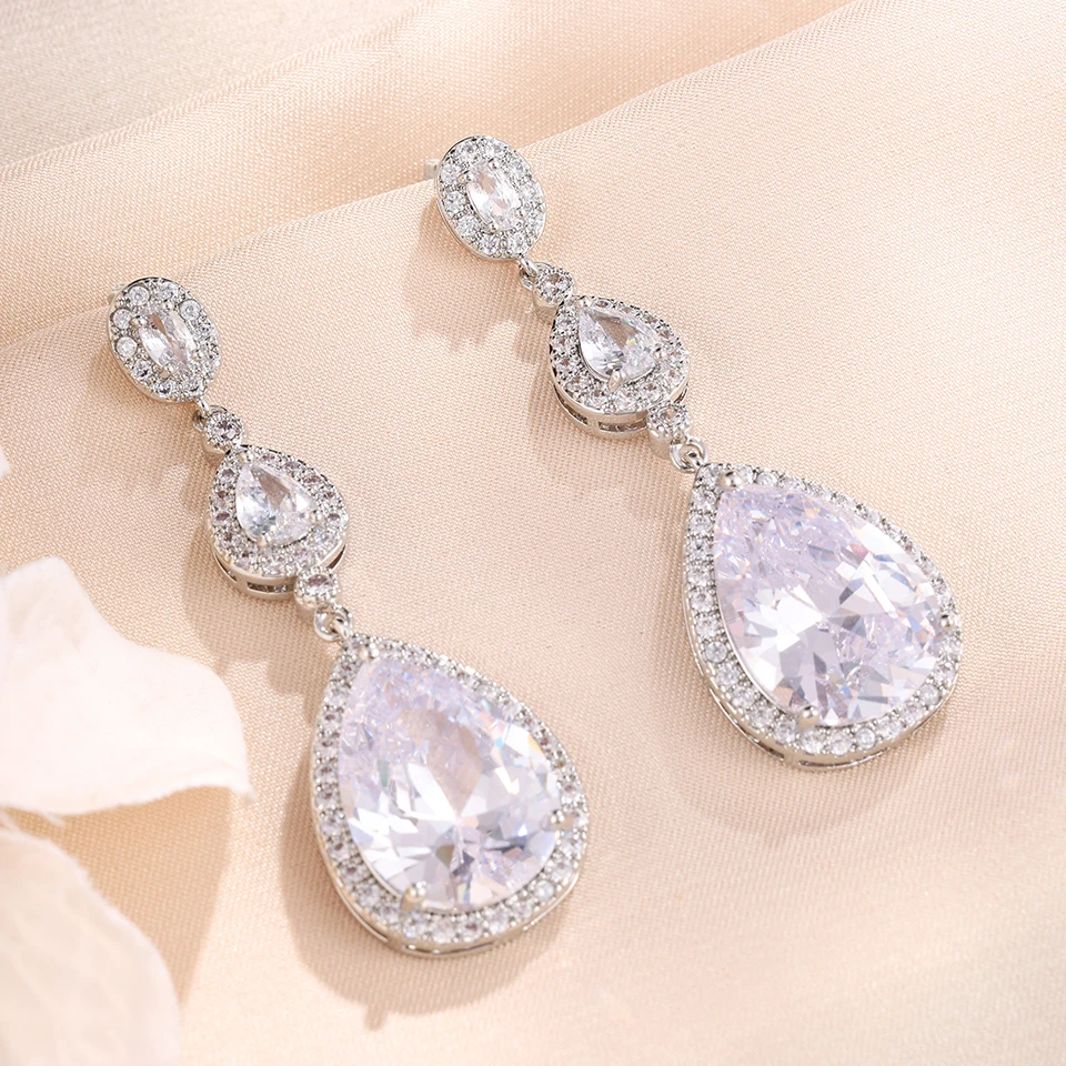 ZAKOL Band Round Wedding Jewelry Luxury White Water Drop Cubic Zircon Long Dangle Earrings for Women Engagement FSEP624