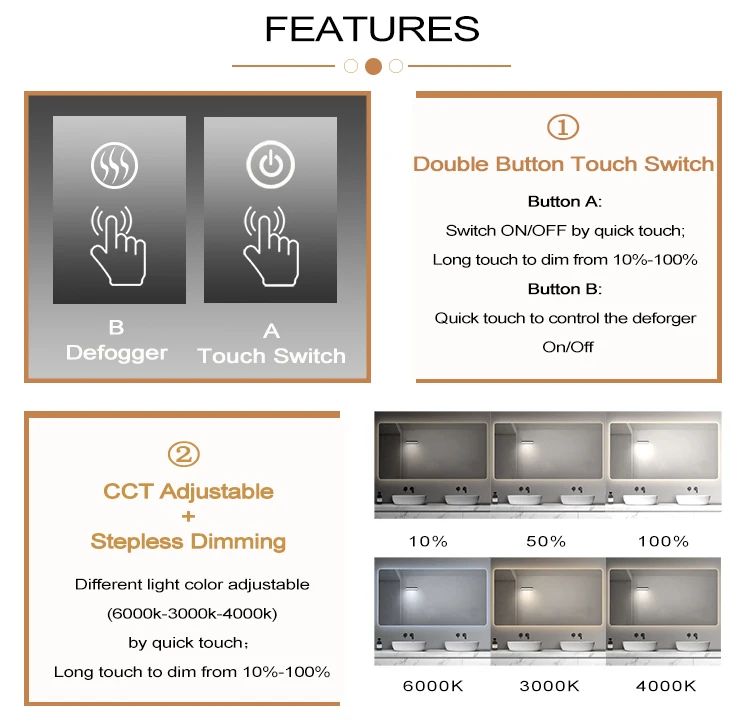 LED-Lichtspiegel Touch-Sensor-Schalter Touch-Dimmer-Taste Anti-Beschlag-Funktion Spiegel-Touch-Sensor – Detail 10
