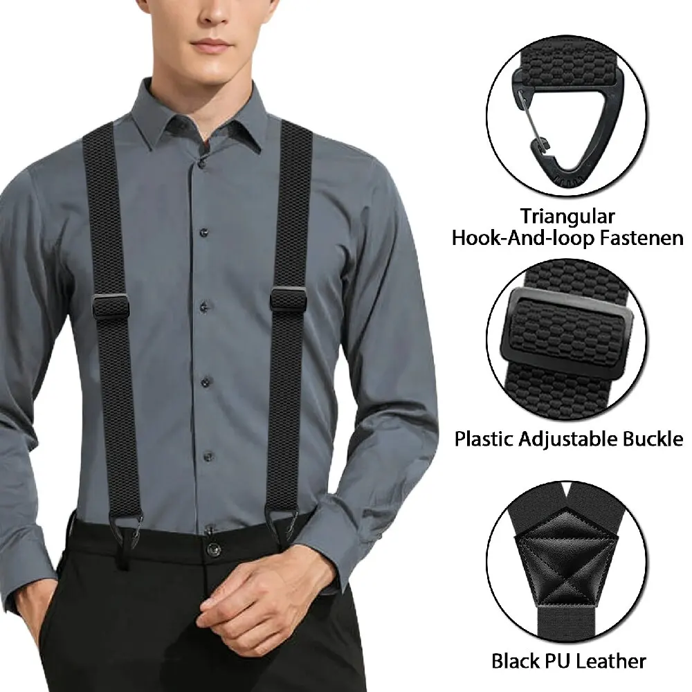 Black Non-Slip Mens Suspenders, Elastic Adjustable Braces With Plastic Buckle For Dress Pants Jeans