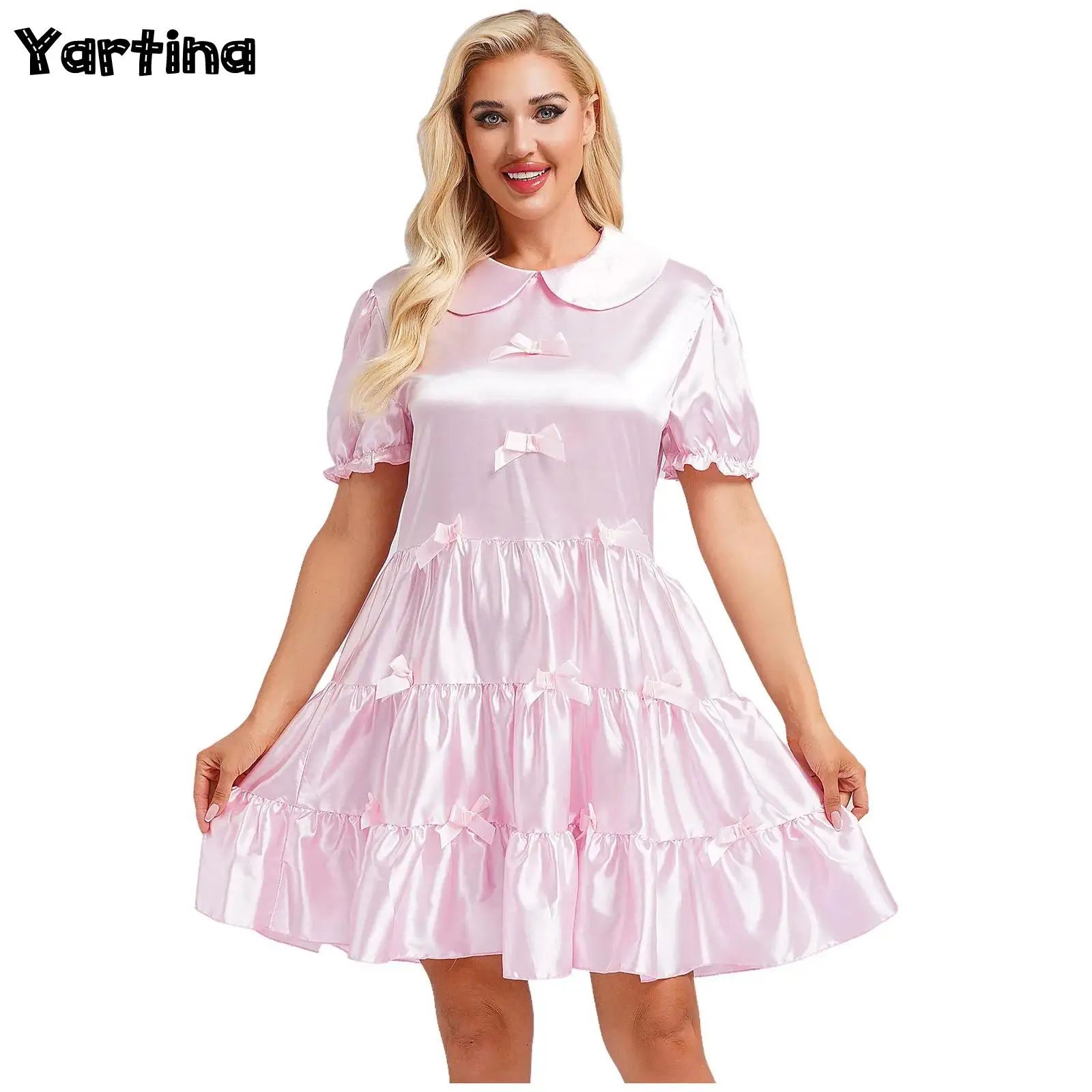 

Sexy Womens Adult Bowknot Ruffle Stain Ruffle Dress Puff Sleeves Glossy Sleep Night Dresses Role Play Theme Party Costume