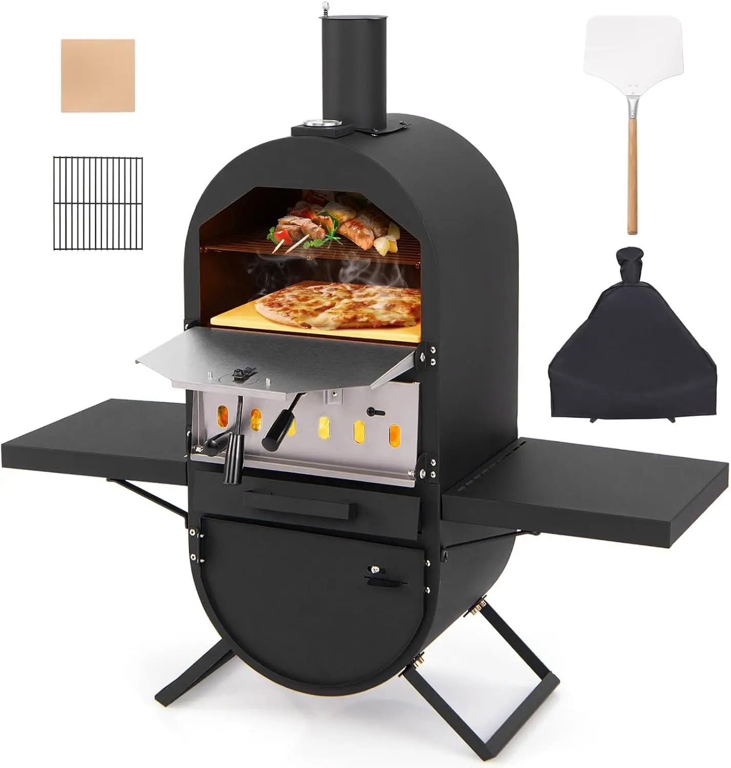 Outdoor Pizza Oven with Side Shelves, Wood Fired Pizza Maker with 12” Stone, Peel, Cooking Grill, Thermometer