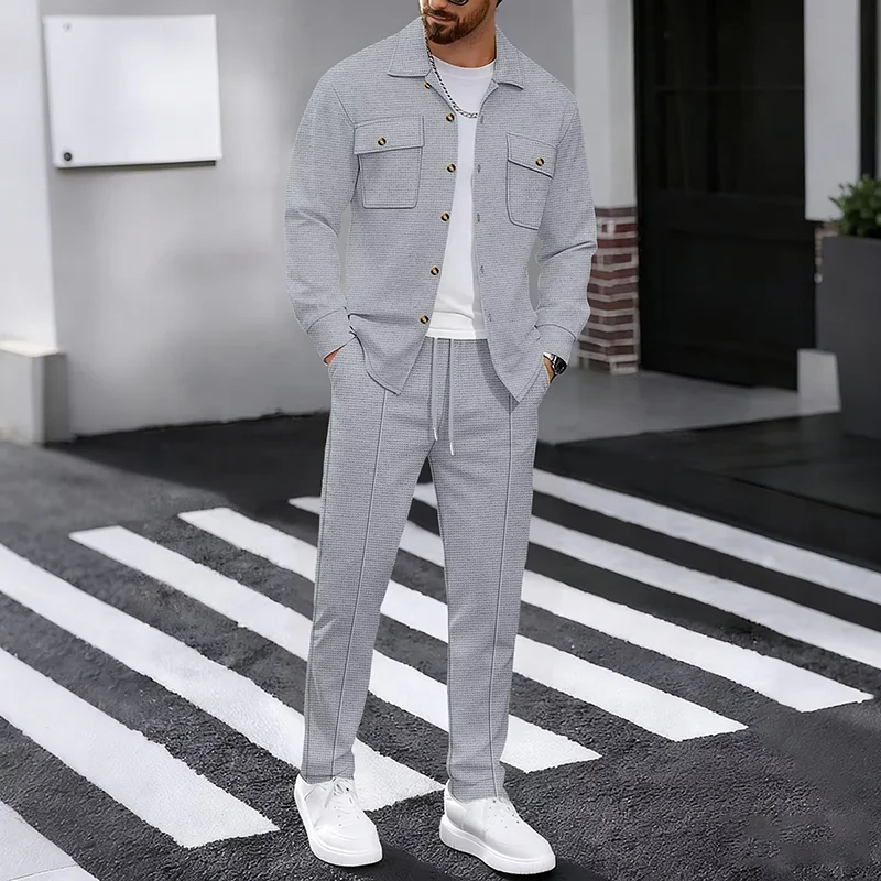 2026 Casual Work Tracksuit Men Waffle Fashion Two-piece Spring Autumn Cardigan Shirt Straight Baggy Pants Streetwear Suits Male view 6