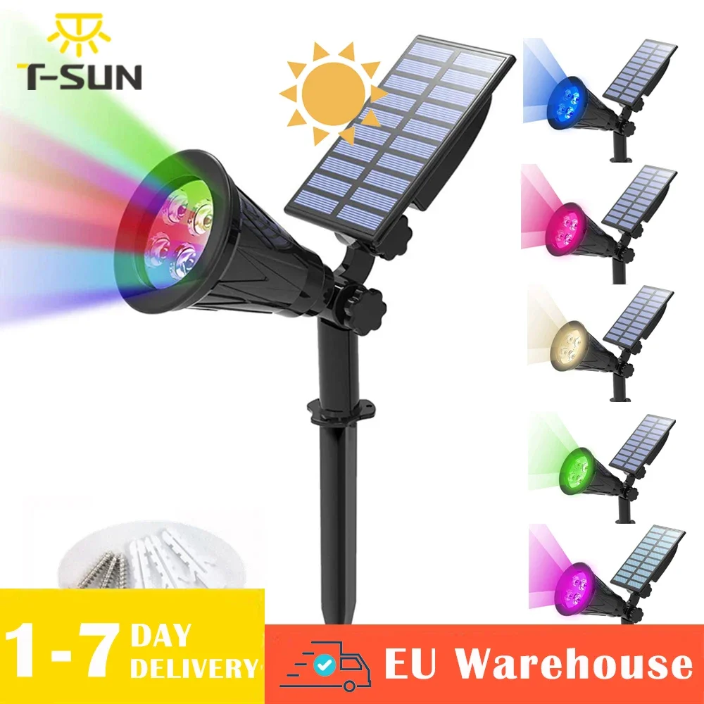 T-SUNRISE Solar Spotlight 4/7 LED Lamp - Adjustable Outdoor Landscape Wall Light IP65 Waterproof