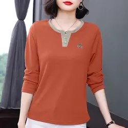 Women Korean Fashion Contrast Color Rhinestone Chic T-shirt Elegant Round Neck Long Sleeve Loose All Match Tops Ropa Para Mujer
