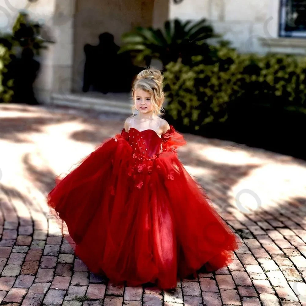 

Handmade Puffy Girls Pageant Ball Gown Crew Neck Lace Long Kids Flower Girl Dresses For Wedding Formal Party Wear