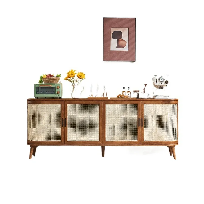 Solid wood four-door rattan cabinet, locker, Japanese-style wabi-sabi retro living room, dining side cabinet, entrance cabinet