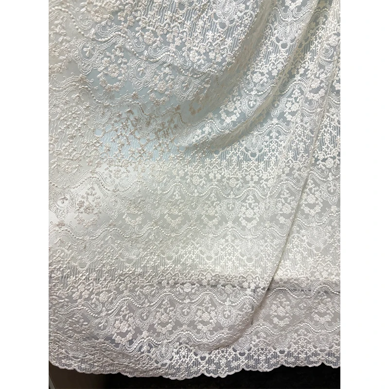 Ivory Beige Embroidered Mesh Tulle Lace Fabric With Tiny Daisy Flowers And Stripes for Apparel Sewing Fabric Curtain Decorative