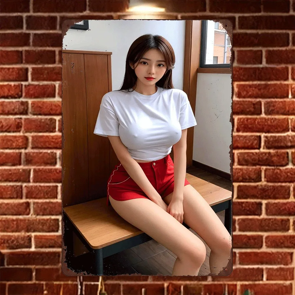 HD Tin Sign Vintage Asian Girl in White T-Shirt & Red Shorts Metal Wall Art Retro Decor for Bar Cafe Home