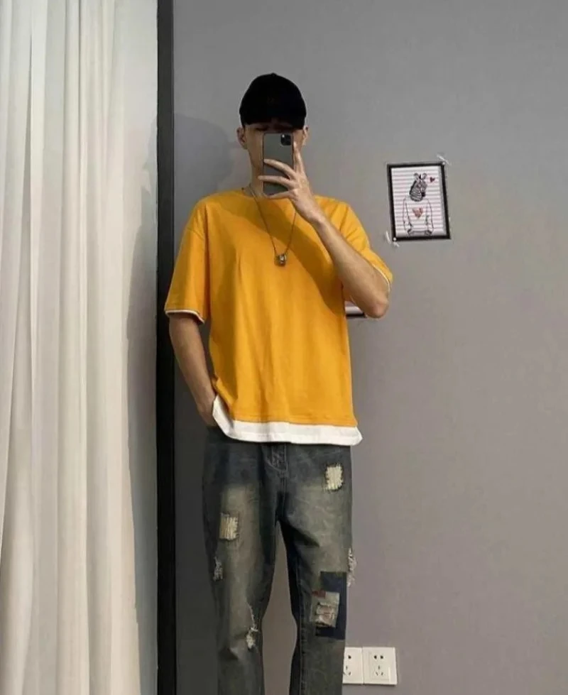 

Летний повседневный стильный мужской комплект в корейском стиле: тонкая футболка и джинсы для подростков и студентов