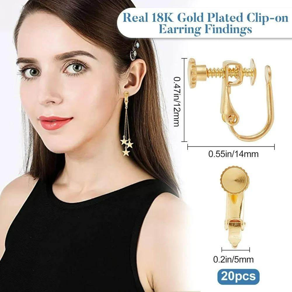 20Pcs/Box Clip-on Earring Findings 18K Gold Plated Brass Screw Back Ear Wire Non Pierced Earring Converter for Non-Pierced