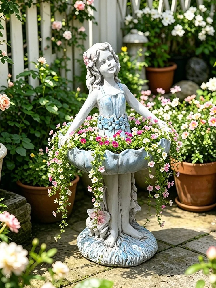 Retro European Fairy Flower Pot Fairy Dance Sculpture Balcony Setting Outdoor Decor Garden Courtyard Ornament Country Style