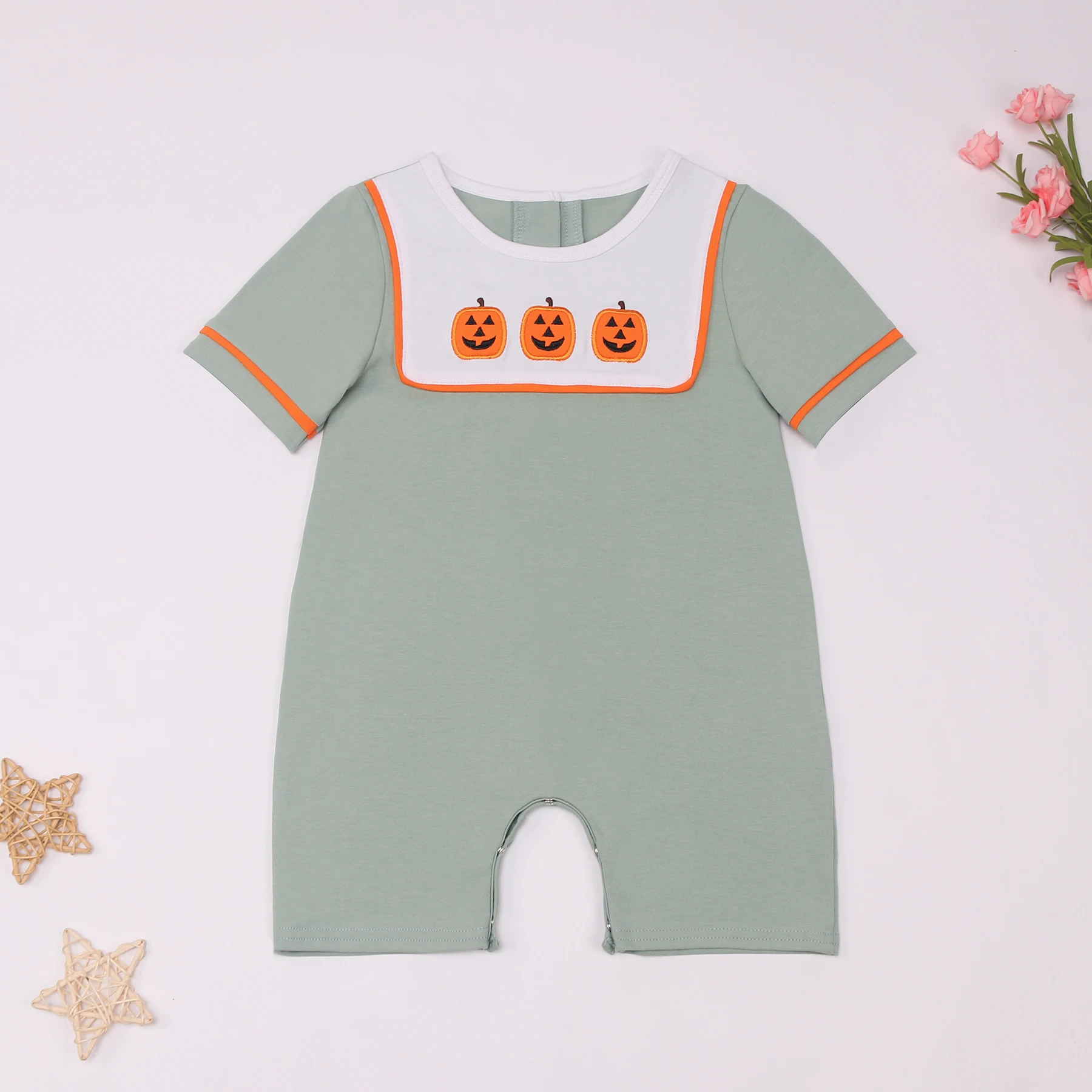 Hallowmas Ropa Summer Short Sleeve Round Neck Dress Pumpkin Embroidery Girl Grey Top T-shit And Orange Pant Romper Boy Clothes