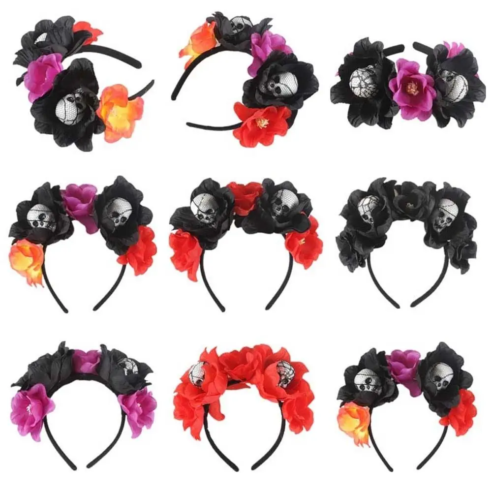 Diadema de Halloween del Día de los Muertos, corona de flores rosas, accesorios para actuación en escenario, aro para el pelo de calavera de Halloween, tocado de corona Halo