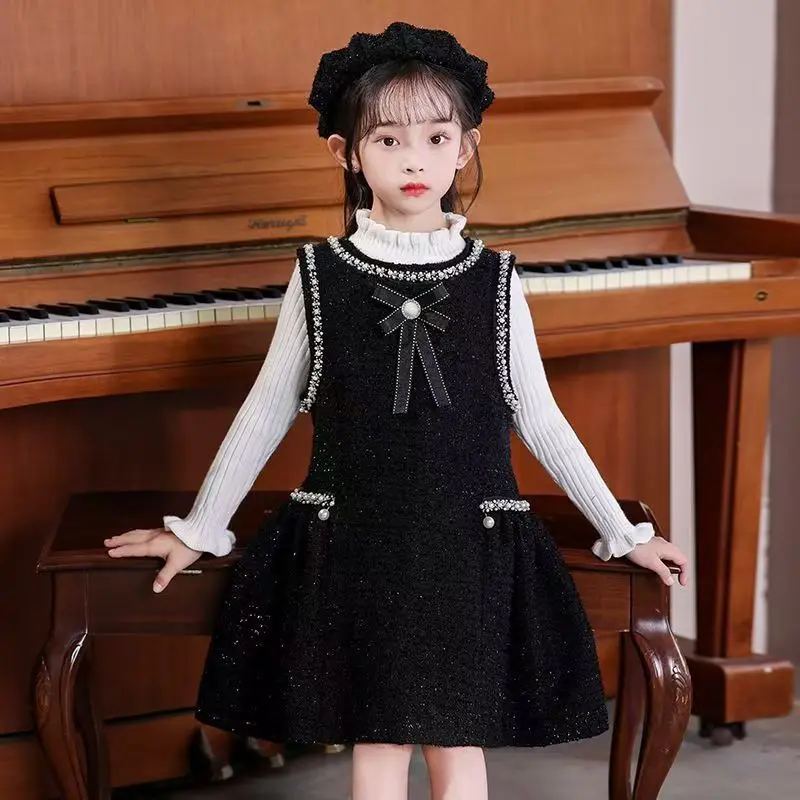 

2024 Autumn/Winter Girls' Tank Top Dress Set New High end Fragrant Sleeveless Dress New Girls' Black Princess Dress