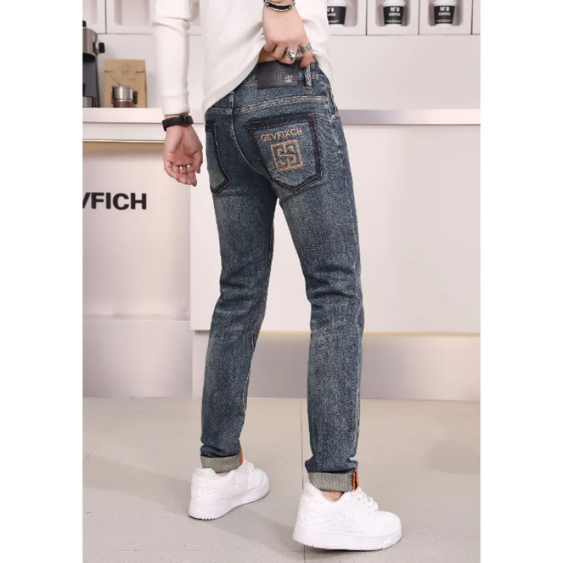 Back pocket embroidered printed jeans men's light luxury High-End2024New autumn and winter slim fit skinny pants