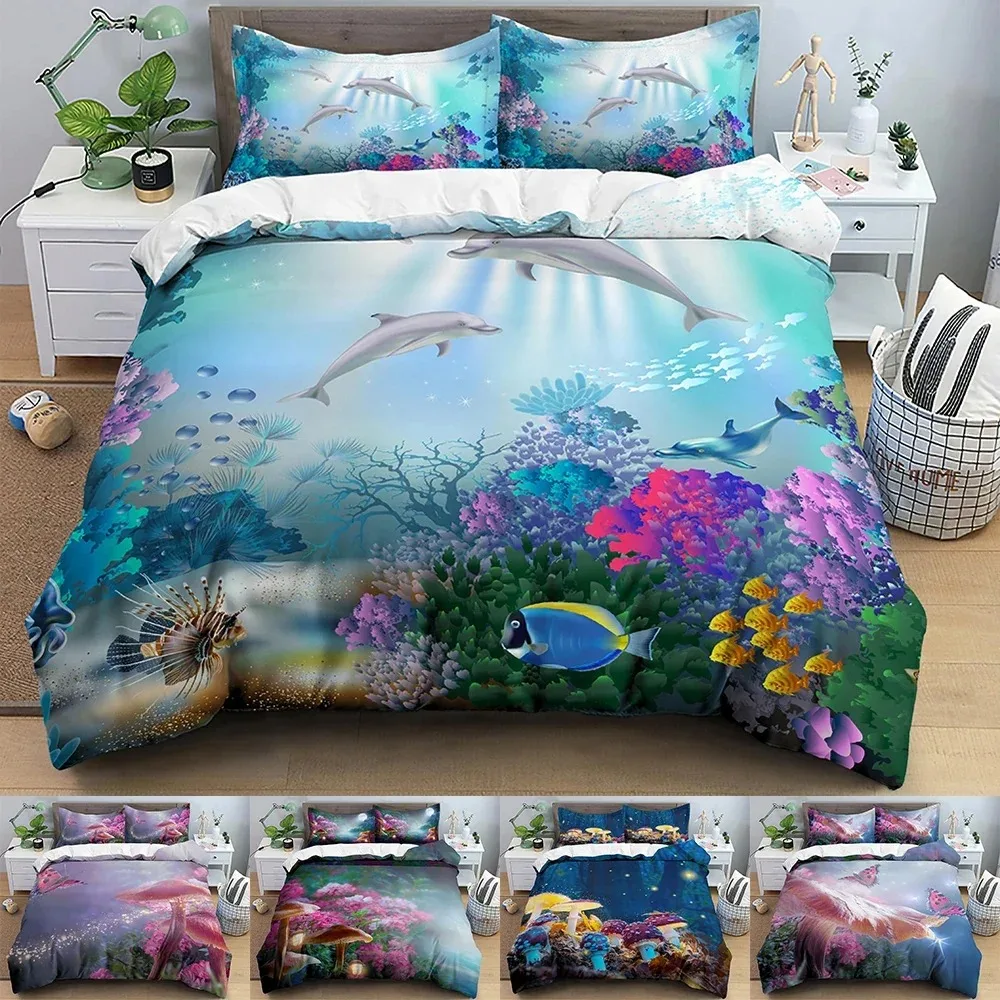 

Dolphin Deep Sea Bedding Set Butterfly Mushroom Duvet Cover 3D Queen Twin King Comforter Covers Quilt Cover Home Textile