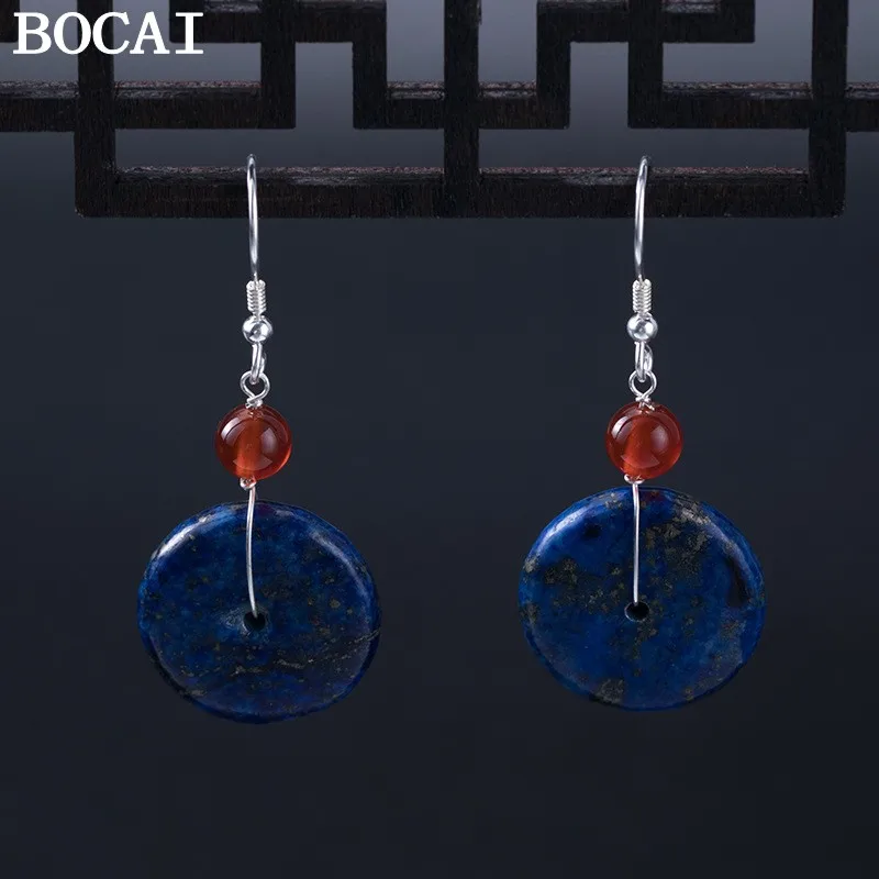 

BOCAI NEW S925 Silver Simple Ancient Style Lapis Lazuli Safety Buckle Earrings Women's Gift