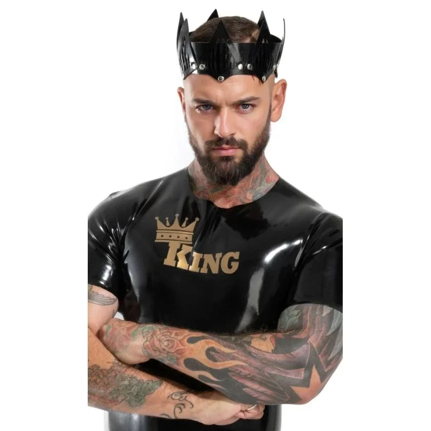 

customized latexT-shirt fashion men's black latex short-sleeved shirt with gold print handmade rubber costume clubwear cosplay