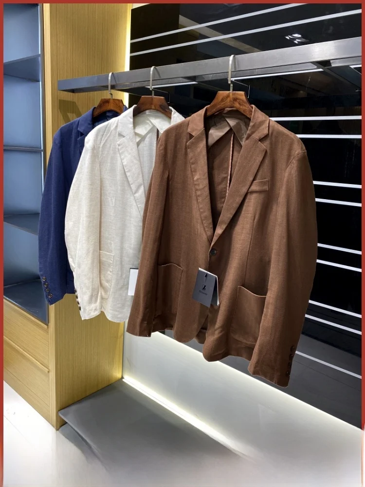 

High-End Italian Sle Casual Pure Linen Breathable Autumn Suit Vintage Money Sle Jaet Faionable Urban Menswear