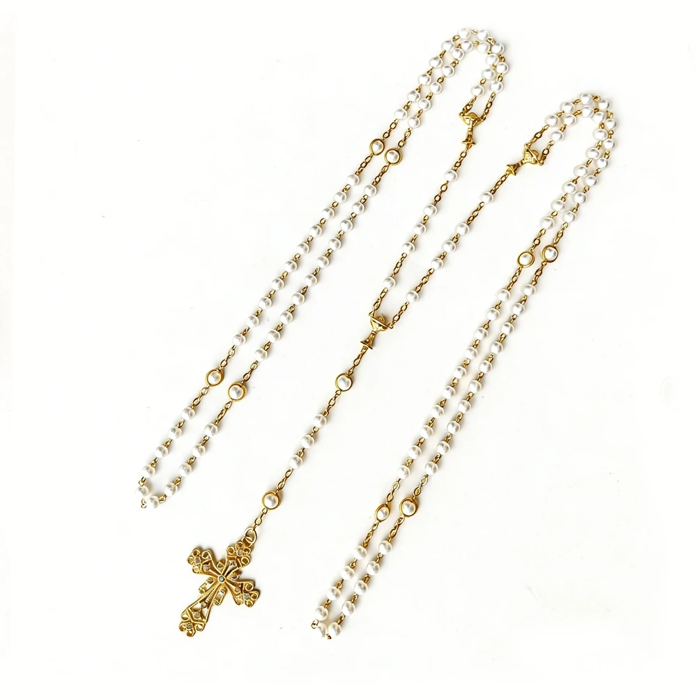 Collier chapelet catholique vintage à double rang, perles blanches, grand pendentif croix, bijoux religieux chrétiens pour la prière et les mariages