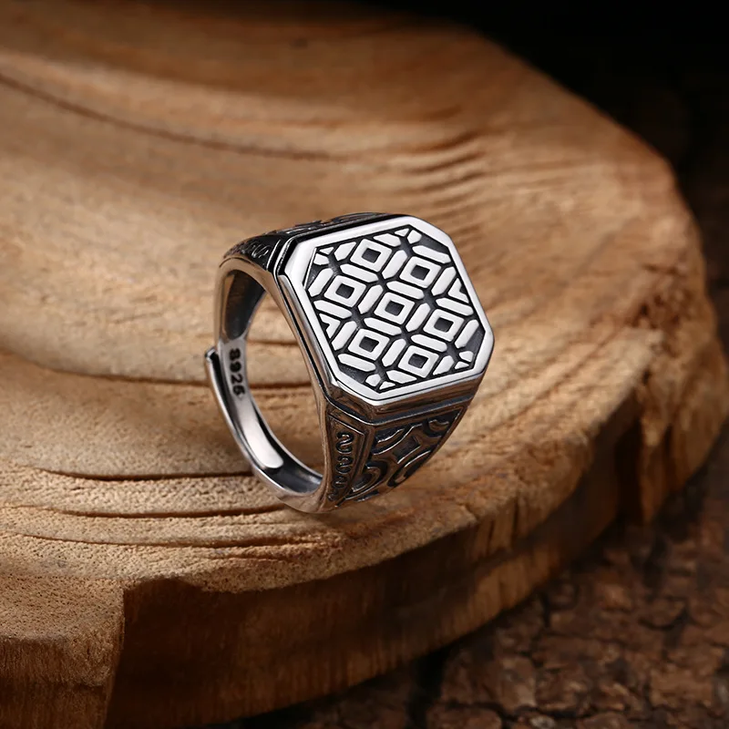 S925 Sterling Silver Adjustable Ring Punk Style Old Process Square Pattern Solid Free Size Fine Jewelry FYRNG141