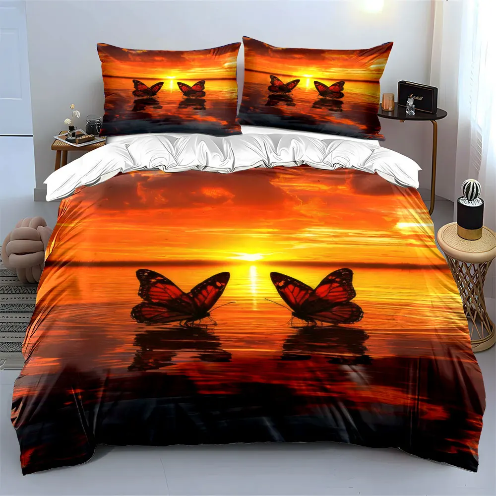 Butterfly Sunset Decor Set Soft Skin-Friendly Bedding Set Includes 1 Duvet Cover And 2 Pillowcase, Gift