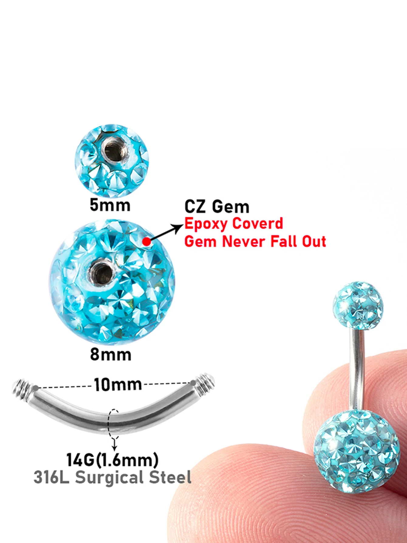 1pc CZ Stone Crystal Bling Ferido Epoxy Belly Ring for Women Stainless Steel Belly Navel Ring Elegant Belly Piercing Jewelry