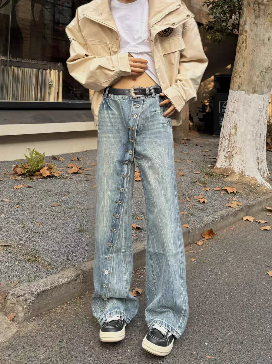 

Винтажные джинсы унисекс с эффектом потертости, на пуговицах, свободного прямого кроя, в пол, для мужчин и женщин, молодежные летние джинсы