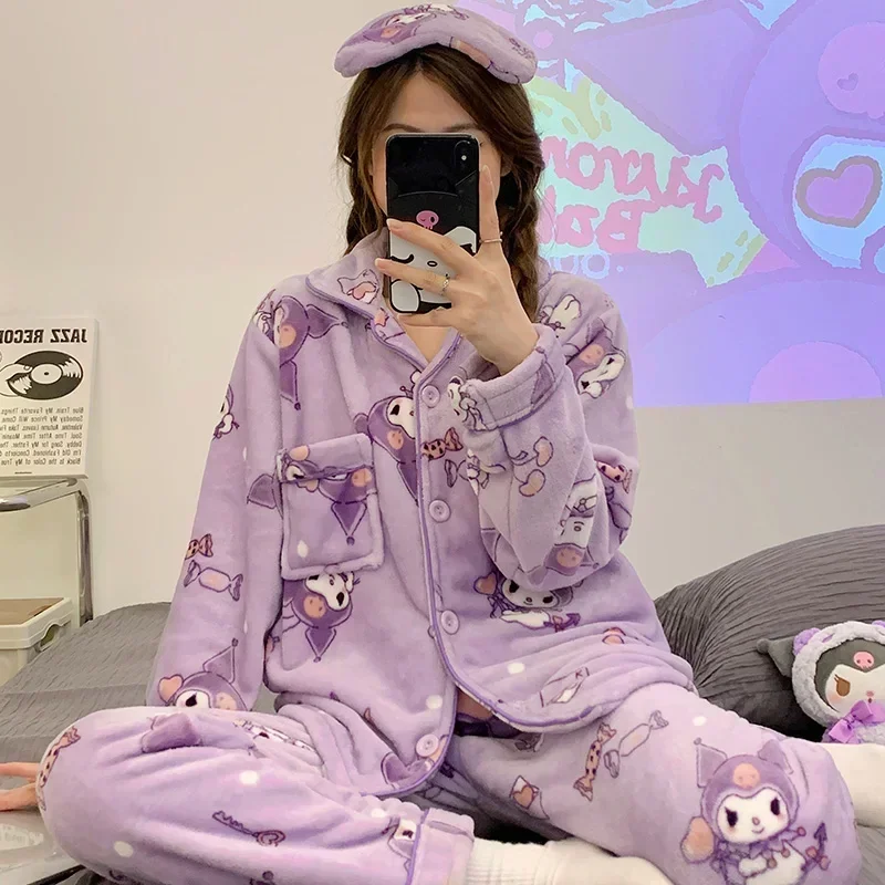 Sanrio Yugui dog pajamas winter coral fleece long-sleeved trousers warm two-piece set Sanrio loungewearYugui dog women's pajamas