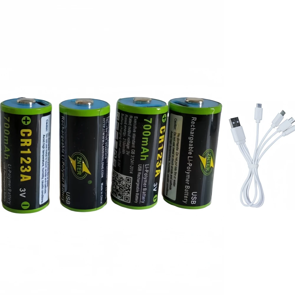 

4PCS ZNTER 700mWh USB CR123A lithium rechargeable battery 3.0V 16340 rechargeable battery with charging cable