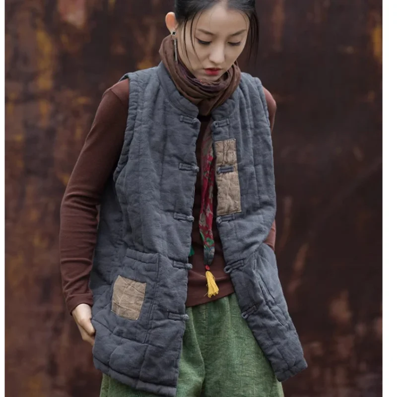 Cotton Linen Autumn and Winter New Women's Clothing Improved Loose Cotton Quilted Warm Color Matching Vest Jacket