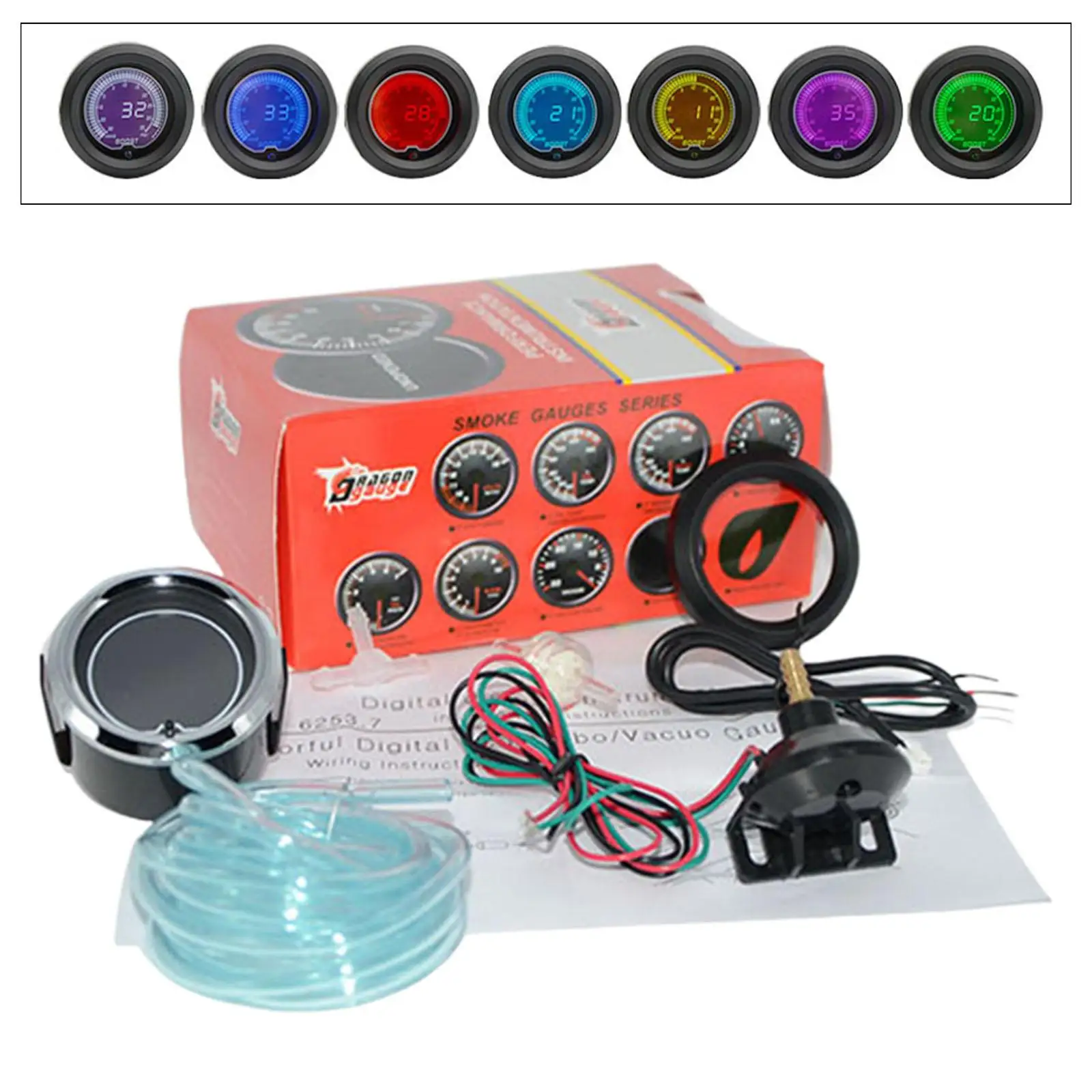 2 Inch Boost Gauge with Sensor 7 Color Display PSI Vacuum Meter Car Auto Gauge for Performance