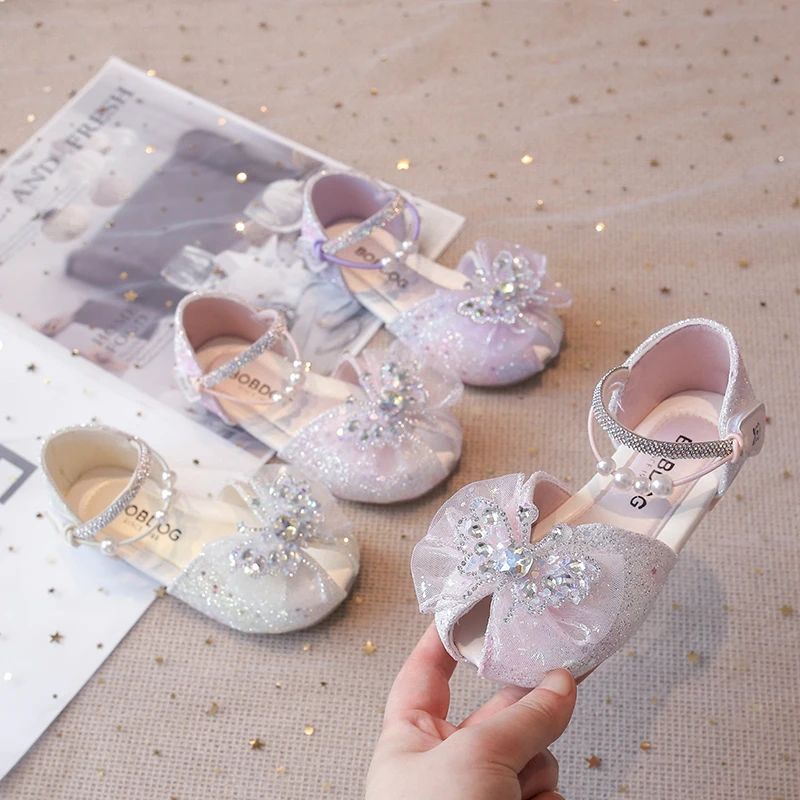 

Girls Rhinestone Glitter Mesh Pearl Decor Bow Princess Sandals Kid Adjustable Buckle Strap Non-slip Soft Sole Summer Party Shoes
