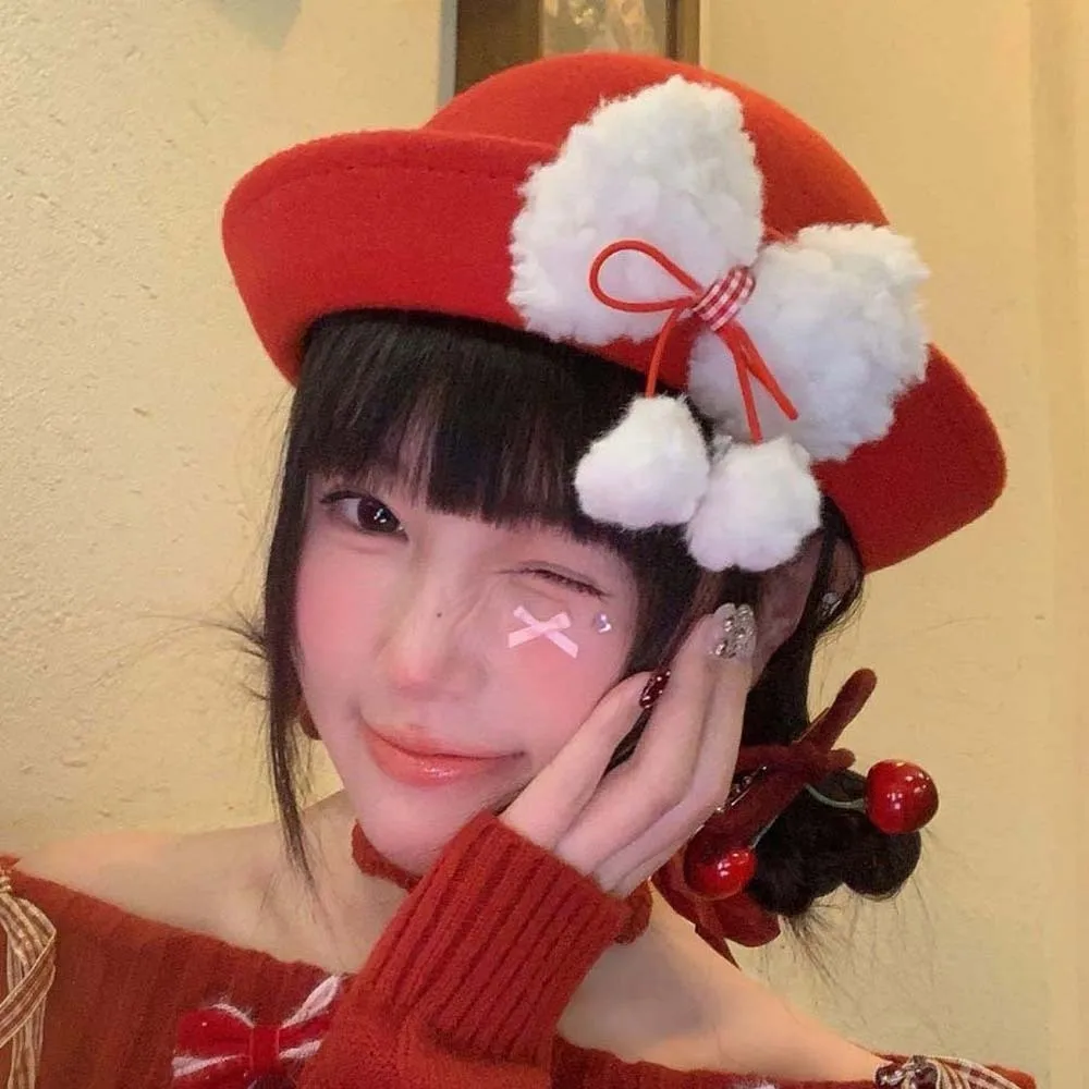 

Top Hat Vintage Looking Red Bowler Hats Japanese Style Versatile Woolen Bucket Cap Beret Bow Girls Dome Hat Women