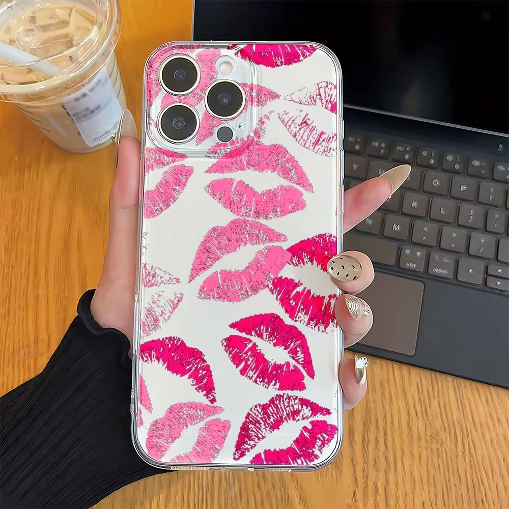 Transparent Phone Case For Samsung Galaxy S26 S25 S24 Note 20 Ultra S22 S23 Plus A55 A53 A36 A56 A35 A54 Y2K Pink Kiss Lip Cover