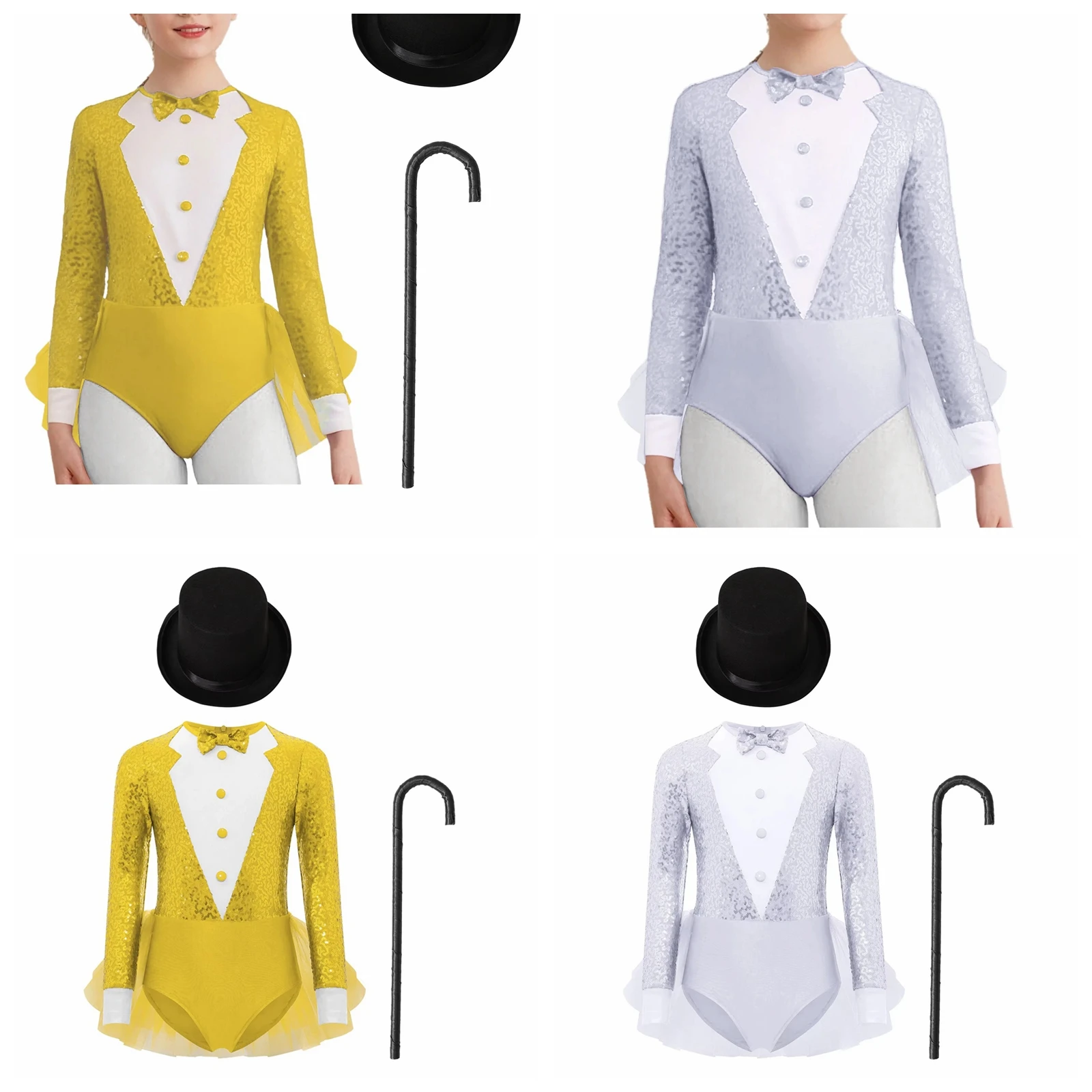 

Детский костюм для джазовых танцев для девочек: наряд в стиле фокусника, боди-смокинг, тюлевое платье с пайетками и цветными блоками, леотард с юбкой, шляпка и трость