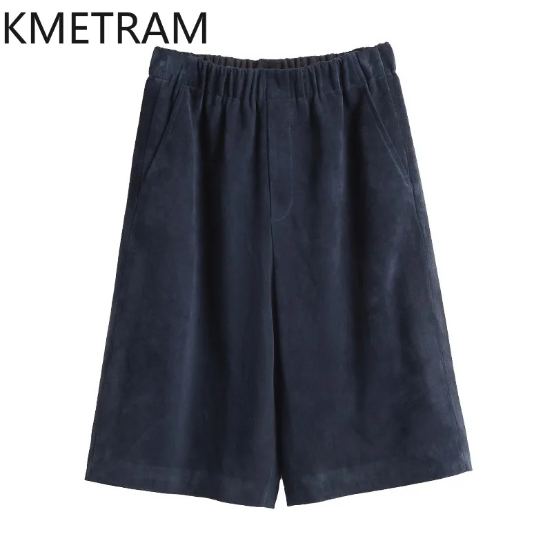 KMETRAM Genuine Leather Pant Woman Crossbreed Sheep Suede Trousers Knee Length Wide Leg Pants for Woman High Waist Pantalones