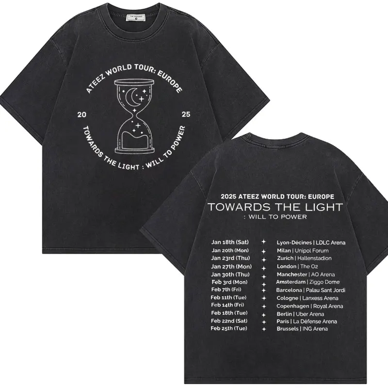 

2025 ATEEZ World Tour Double Sided Print T-shirt Men Women Clothing Fashion Vintage Washed T Shirts Casual Loose Cotton T-shirts